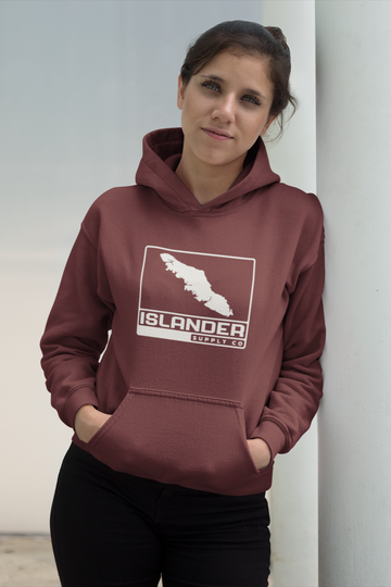 Unisex Vancouver Islander Box Logo Hoodie - Burgundy with White print